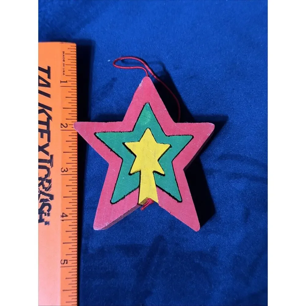 Wood Puzzle Star Christmas Tree Ornament Red/yellow/green 4”